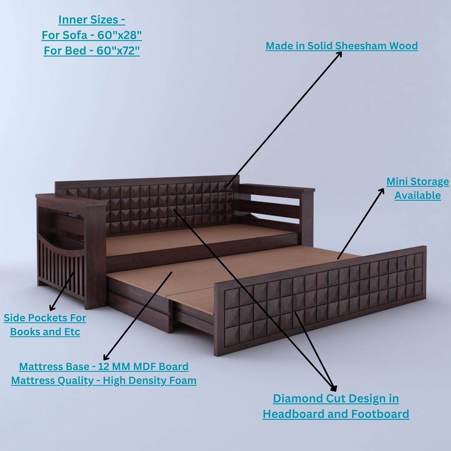 Ganpati Arts Sheesham Wood Diamond 3 Seater Sofa Cum Bed With Floral Fabric&Side Pocket For Bedroom Wooden Bedroom Furniture For Home Living Room(Natural Finish)1 Year Warranty,Brown