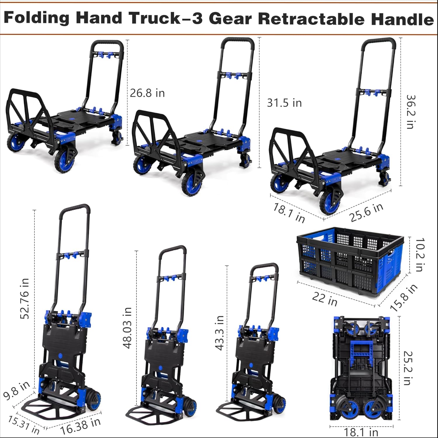【Buy 1 Get 1 Free】2 in 1 Folding Hand Truck Dolly with Basket,330LBS Capacity Hand Cart Foldable,Hand Truck Foldable with Retractable Handle,Folding Dolly Cart with Wheels for Moving