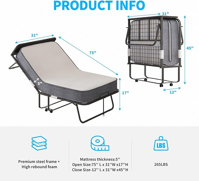 【Buy 1 Get 1 Free】Mjkone Folding Bed with Mattress for Adults, Rollaway Bed for Adults with Headborad & Dustproof Bag, 5 Inch Portable Fold Up Beds for Guests with Casters, Foldable Frame, Space Saving