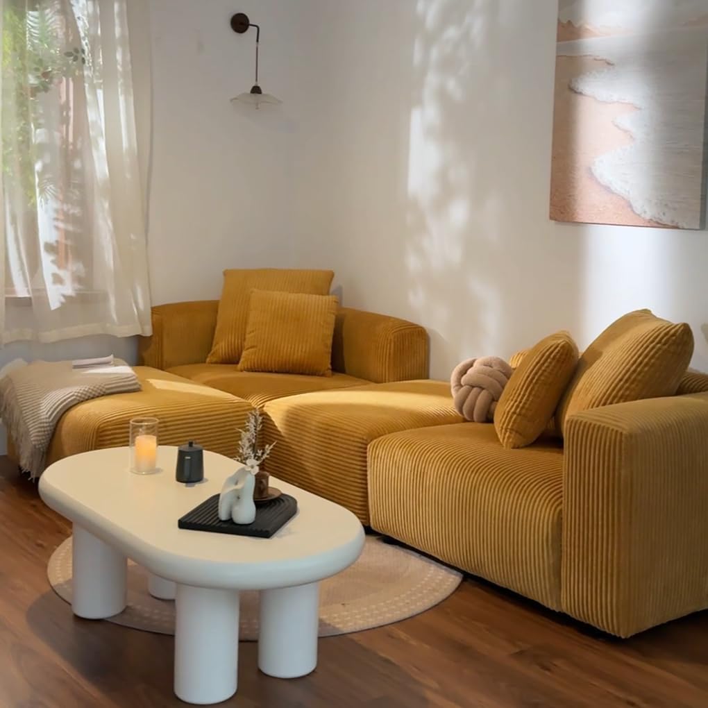 🔥 Acanva Convertible Modular Sectional Sofa with Movable Ottomans, Free Combination Corduroy Couch for Living Room Apartments, L-Shaped, White