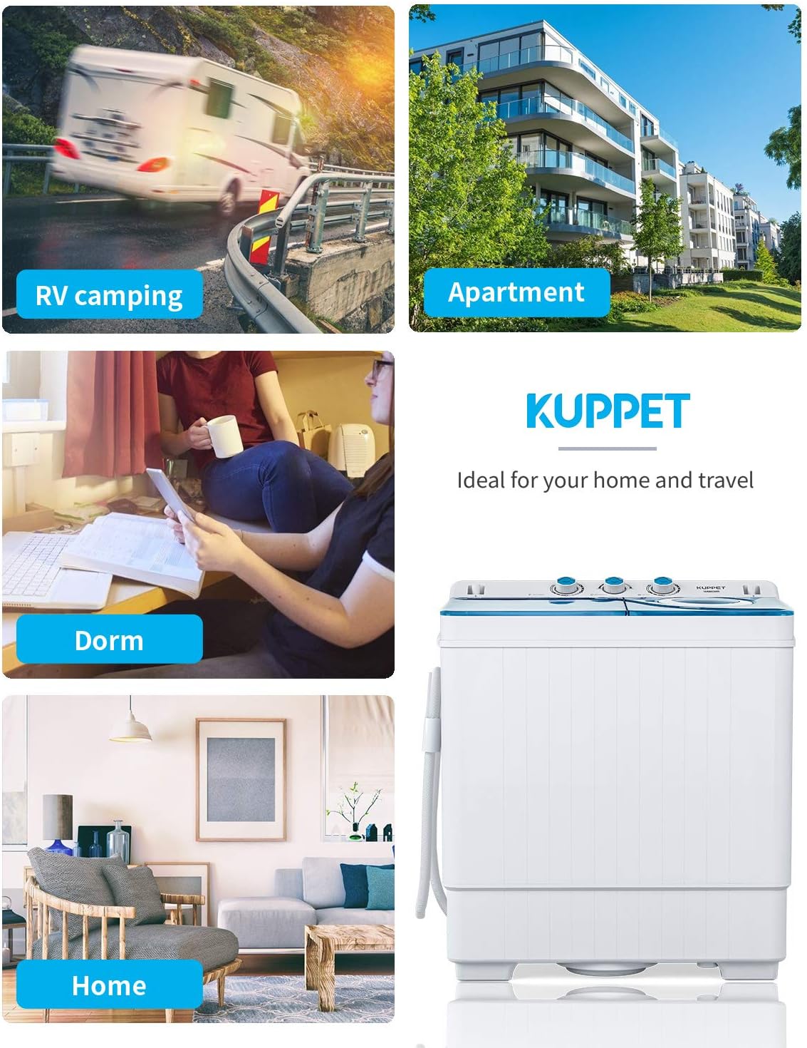 📣【Limited time offer】KUPPET Compact Twin Tub Portable Mini Washing Machine 26lbs Capacity, Washer(18lbs)&Spiner(8lbs)/Built-in Drain Pump/Semi-Automatic (White&Blue)