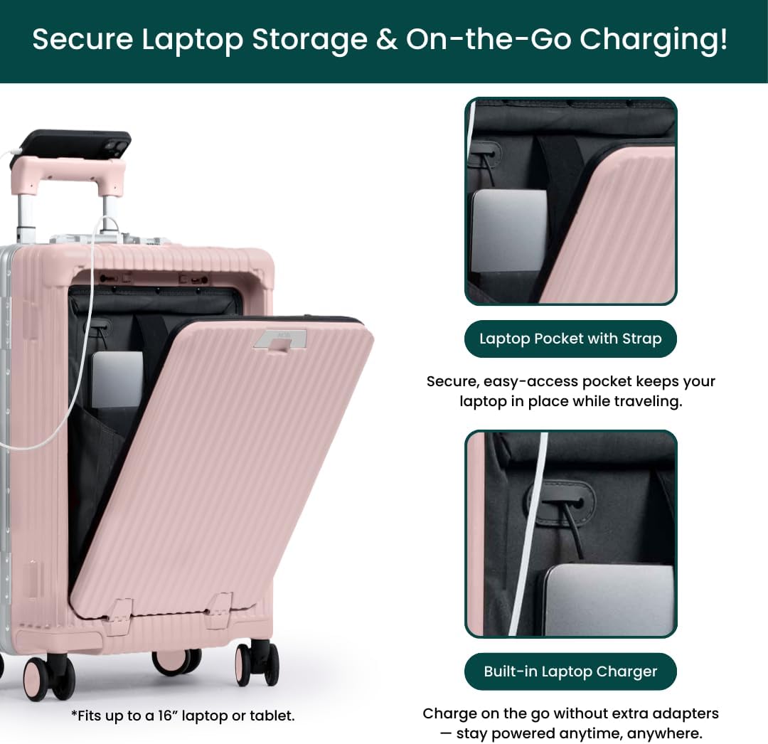 🔥【Buy 1 Get 1 Free】Nobl Travel Carry On Luggage, Noble Zipperless Aluminum Frame PC Hard Shell Suitcase, 22.5x15x9.5 Airline Approved, 360° Spinner Wheels, TSA Locks, USB Charging Port, Cup & Phone Holder - Pink