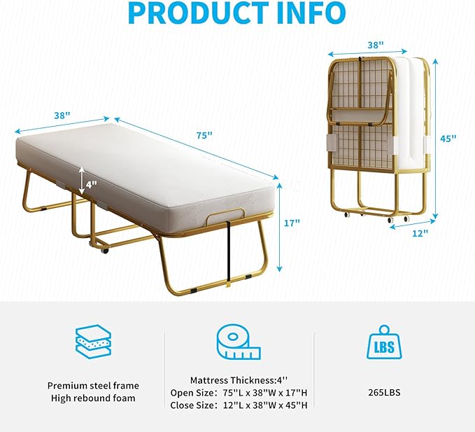 【Buy 1 Get 1 Free】Mjkone Folding Bed with Mattress for Adults, Rollaway Bed for Adults with Headborad & Dustproof Bag, 5 Inch Portable Fold Up Beds for Guests with Casters, Foldable Frame, Space Saving