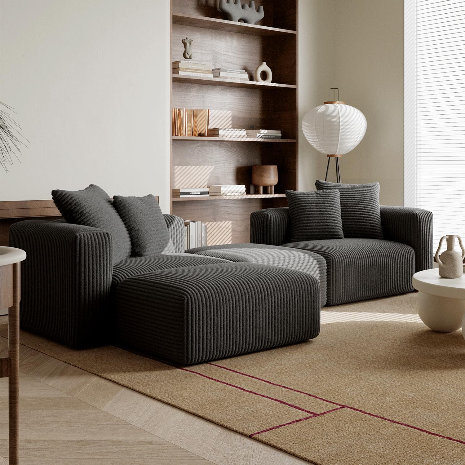 🔥 Acanva Convertible Modular Sectional Sofa with Movable Ottomans, Free Combination Corduroy Couch for Living Room Apartments, L-Shaped, White