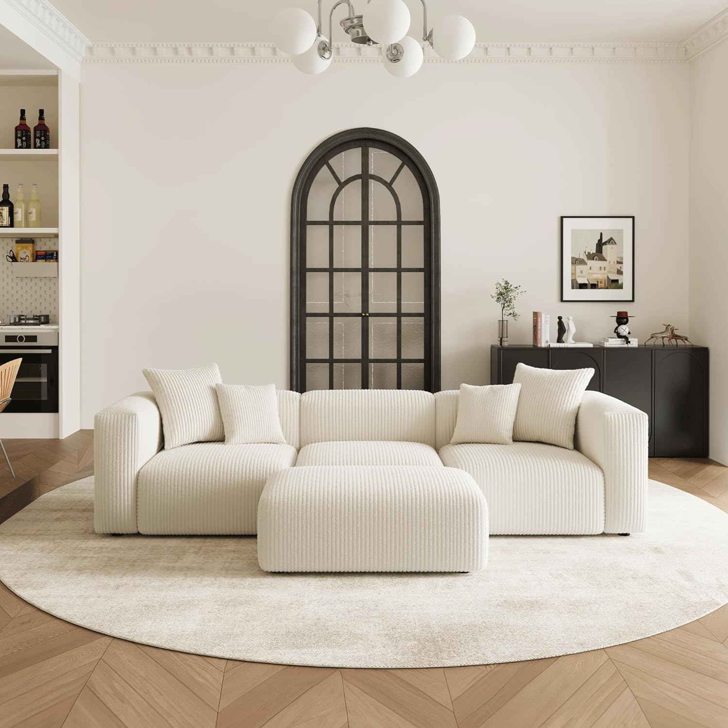 🔥 Acanva Convertible Modular Sectional Sofa with Movable Ottomans, Free Combination Corduroy Couch for Living Room Apartments, L-Shaped, White