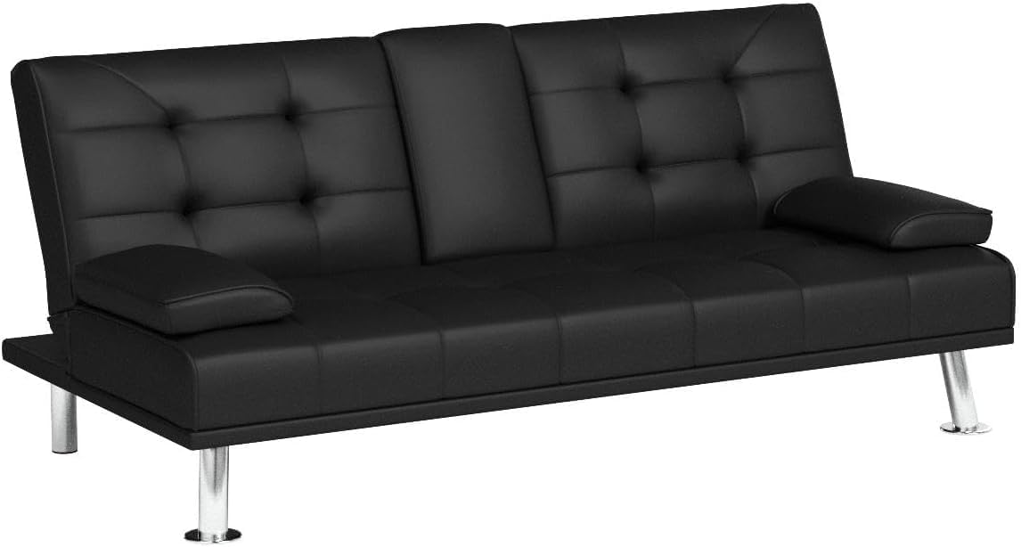 🎉Price Reduction Notice🎉Futon Sofa Bed, Modern Faux Leather Home Reversible Loveseat, Convertible Folding Futon Sofa Bed with 2 Cupholders, Folding Couches Bed, Removable Armrests for Small Spaces