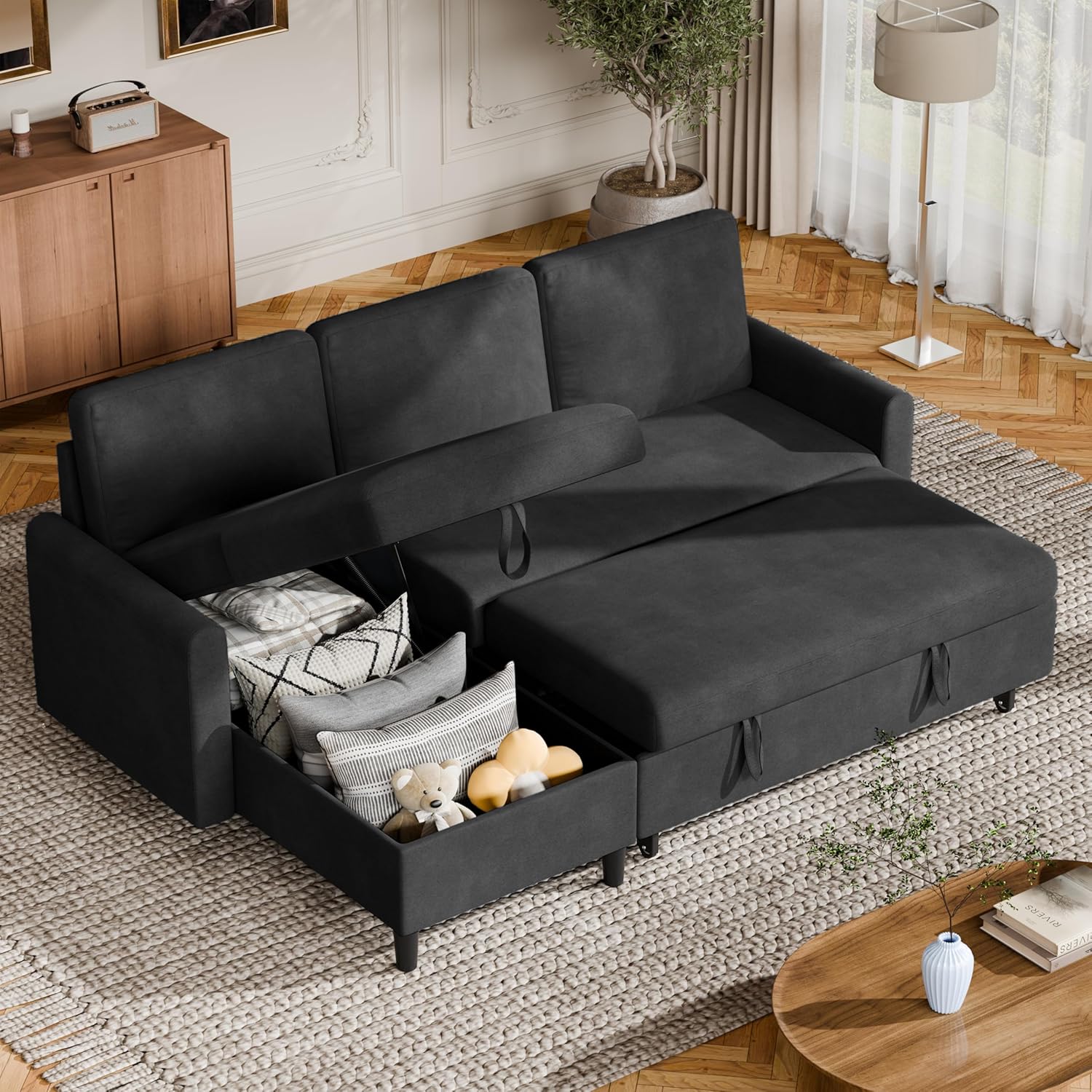 🎉Recommended Products🎉Vongrasig Sectional Sleeper Sofa, Pull Out Couch Bed with Storage, 2 in 1 L-Shaped Sofa Bed with Storage Chaise Linen Fabric for Living Room, Apartment, Small Space, Dark Grey