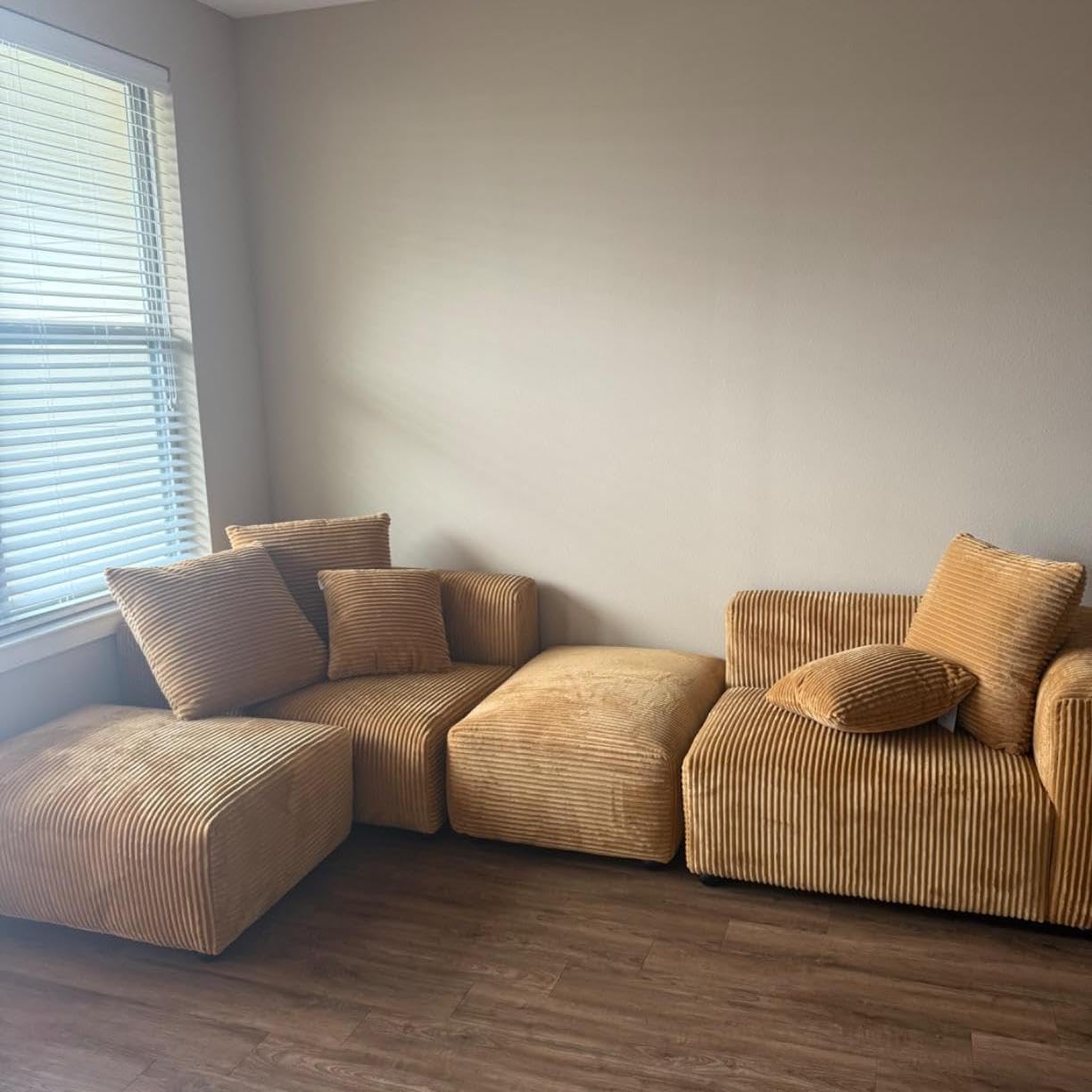 🔥 Acanva Convertible Modular Sectional Sofa with Movable Ottomans, Free Combination Corduroy Couch for Living Room Apartments, L-Shaped, White