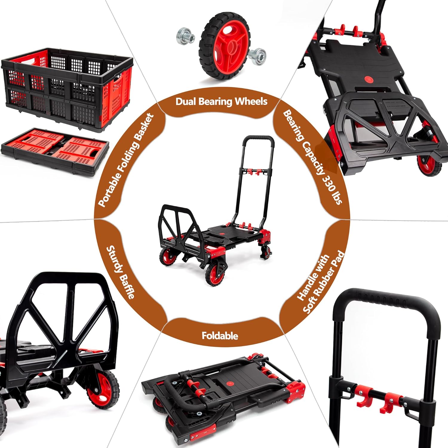 【Buy 1 Get 1 Free】2 in 1 Folding Hand Truck Dolly with Basket,330LBS Capacity Hand Cart Foldable,Hand Truck Foldable with Retractable Handle,Folding Dolly Cart with Wheels for Moving