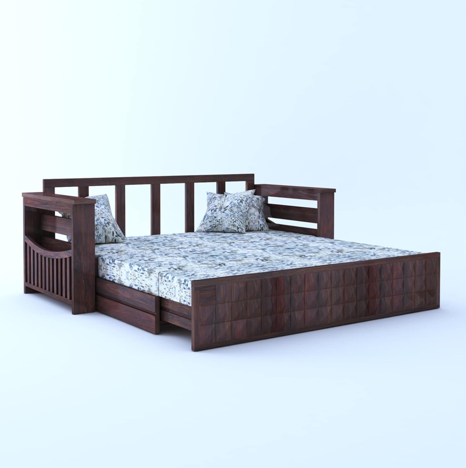 Ganpati Arts Sheesham Wood Diamond 3 Seater Sofa Cum Bed With Floral Fabric&Side Pocket For Bedroom Wooden Bedroom Furniture For Home Living Room(Natural Finish)1 Year Warranty,Brown