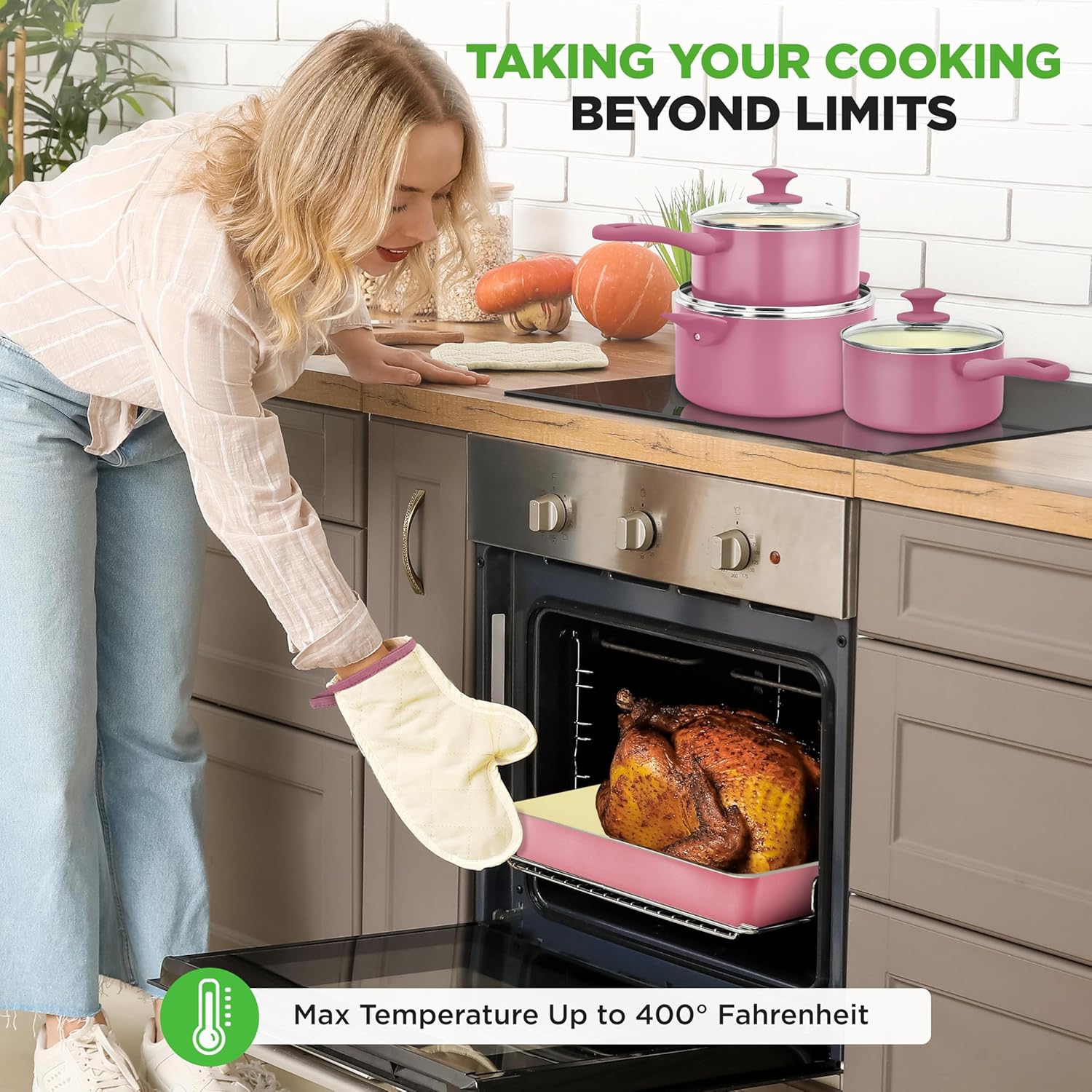 🔥🔥NutriChef 75-Piece Non-Stick Pots and Pans Set, Complete Ceramic Cookware Set with Bakeware, Utensils, Knife Set, & Accessories, Stain-Resistant, Food-Grade Safe, Cream/Brown