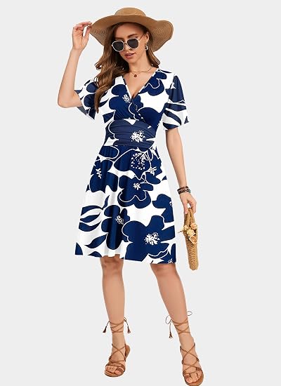 🌸 69% OFF NOW! 🌸Women's Ruffle Sleeve Sexy Sundress Floral V Neck Short Wrap Dress with Pockets