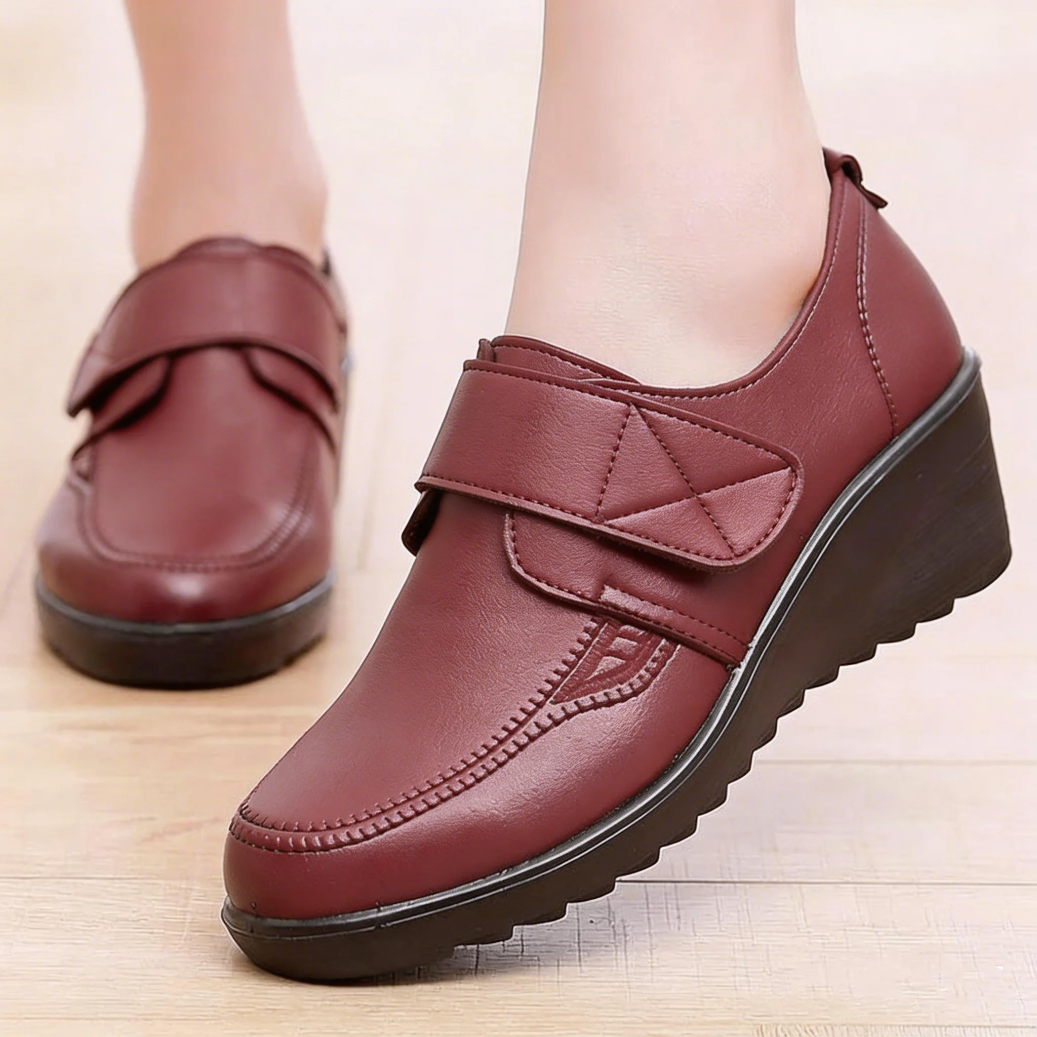 ⏰Limited Time Sale 74% OFF - Comfortable Leather Wedge Shoes with Secure Velcro Strap for All-Day Comfort