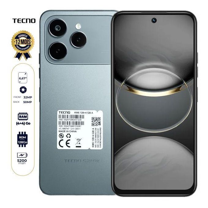Tecno Tecno. Spark 40 - 6,67 Pouces" - 128Go Rom - (4+4)Go Ram - 2 Sim - 50 Mpx - 5200 mAh