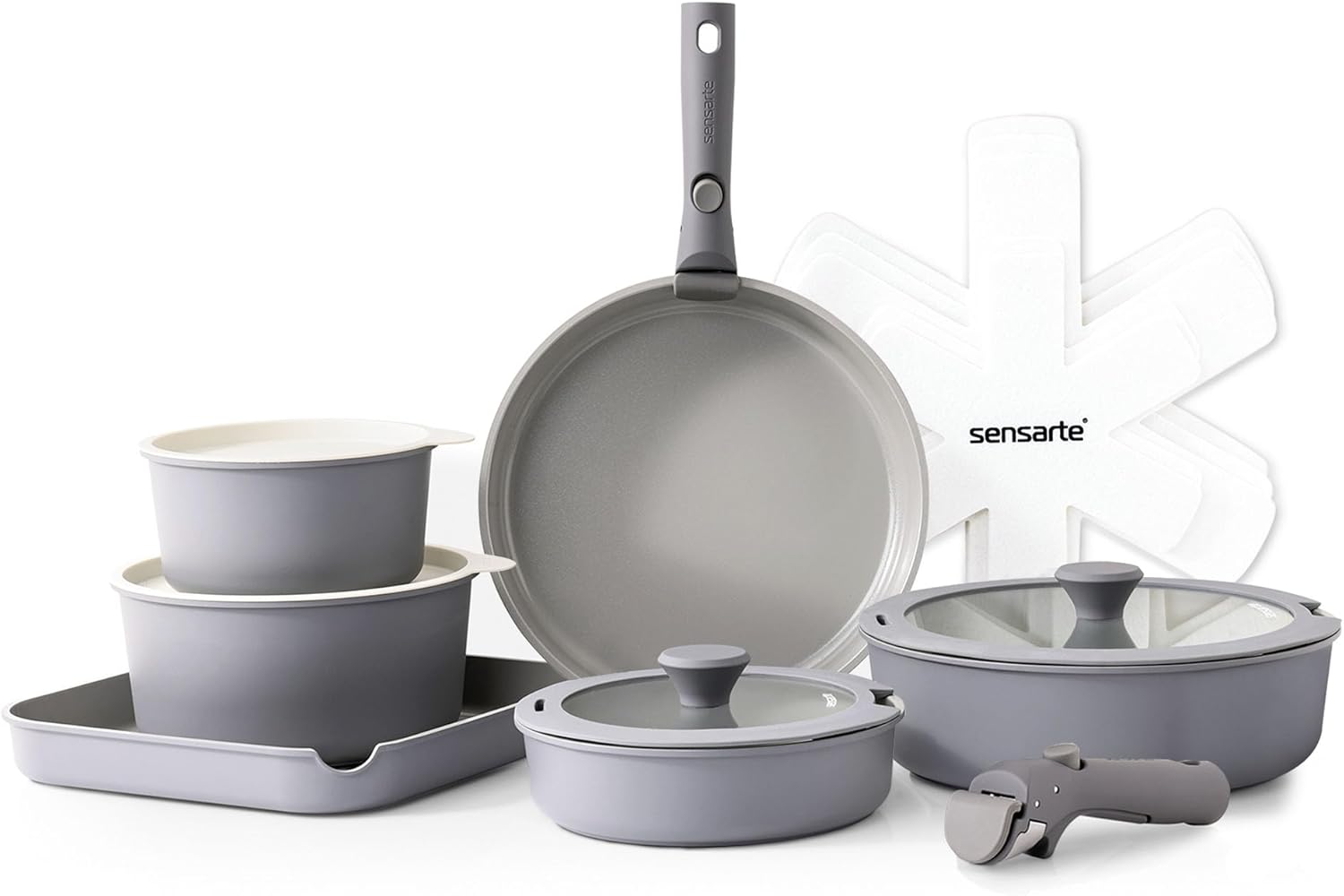 SENSARTE 17 Piece Pots and Pans Set, Nonstick Detachable Handle Cookware Set, Induction Kitchen Cookware Set with Removable Handle, Healthy Non Stick for RV, Dishwasher �?Oven Safe, PFOA Free (White)