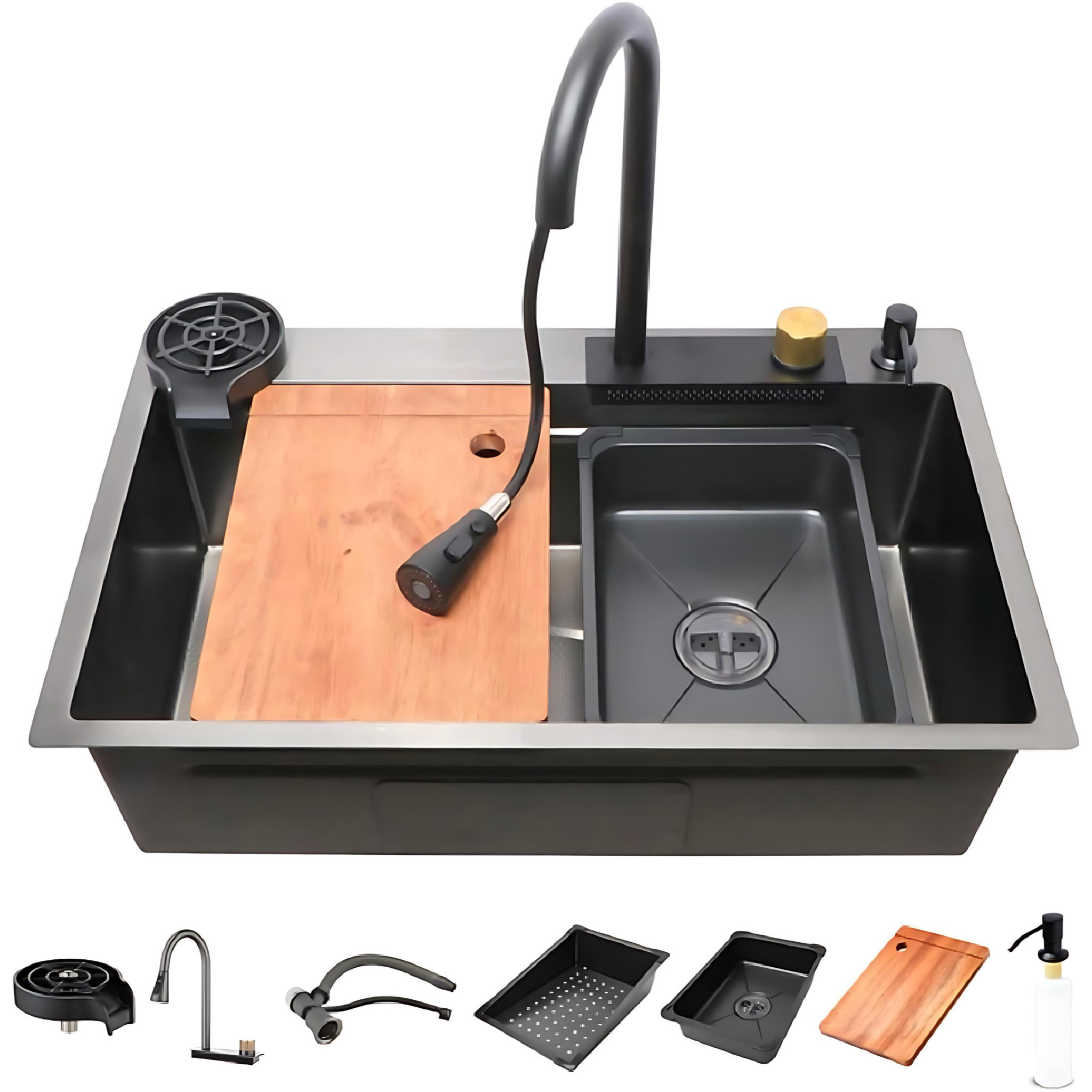 🔥GHANA SHOPPING FESTIVAL🛒BL.P Complete Modern Worktop Sink Station With Integrated HONEYCOMB DESIGN, 304 Grade With Gray Finish, includes Chopping Board and 2 Stainless Steel Bowls And Soap Dispenser