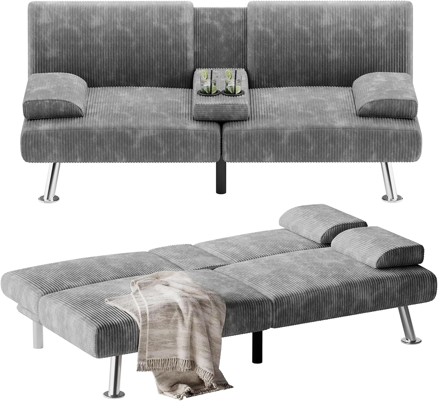 IKEA Flamaker Futon Sofa Bed Modern Folding Futon Set Convertible Recliner Lounge for Living Room with 2 Cup Holders, Removable Armrests (PU Leather, Black)