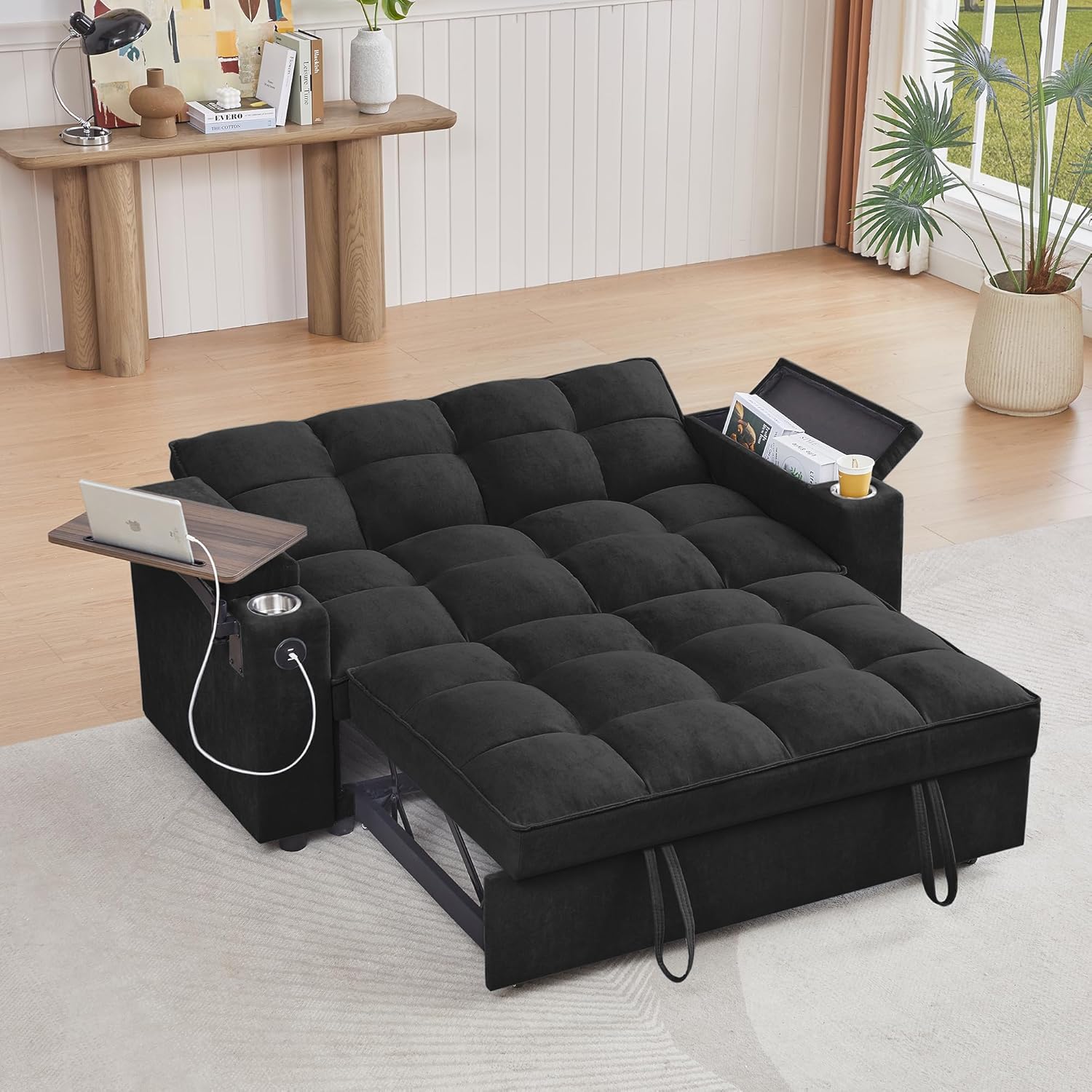 🔥 65" 3-in-1 Folding Convertible Sofa Bed – Modern Chenille | Black