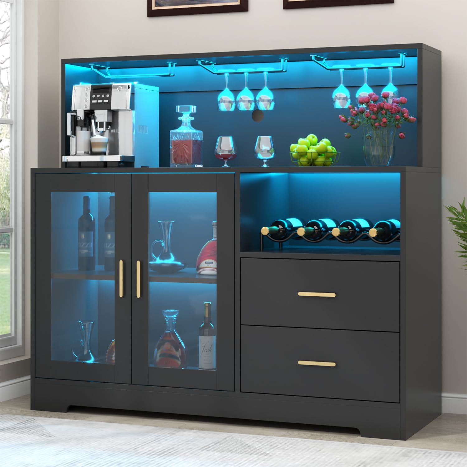 Modern LED Bar Cabinet with Wine Rack – Black