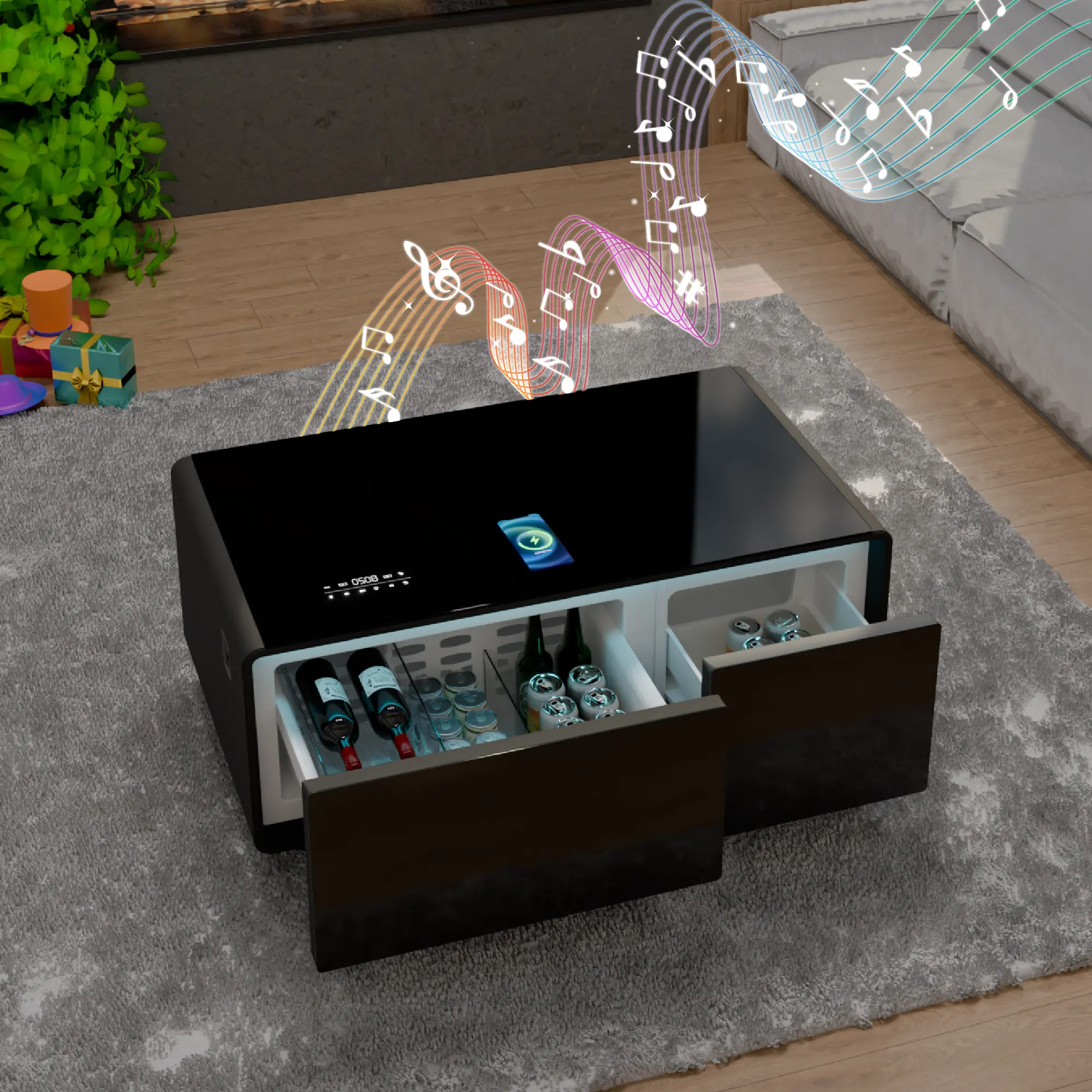 4-in-1 Smart Coffee Table with Built-In Fridge, Bluetooth Speaker & Wireless Charging
