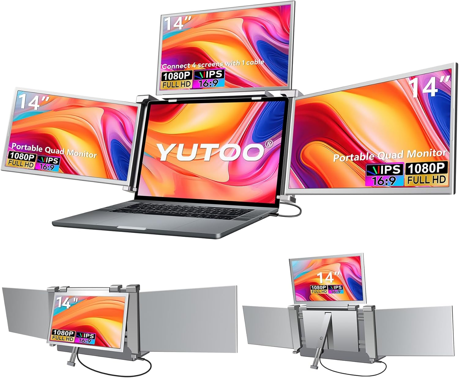 YUTOO 14 Laptop Screen Extender Monitor Portable, Quad Monitor, Just 1 Cable for 3 Screens, FHD 1080P IPS Monitor Extender Compatible with Wins/Mac(M1 M2 M3) for 13.6 -17.3 Laptops-S680