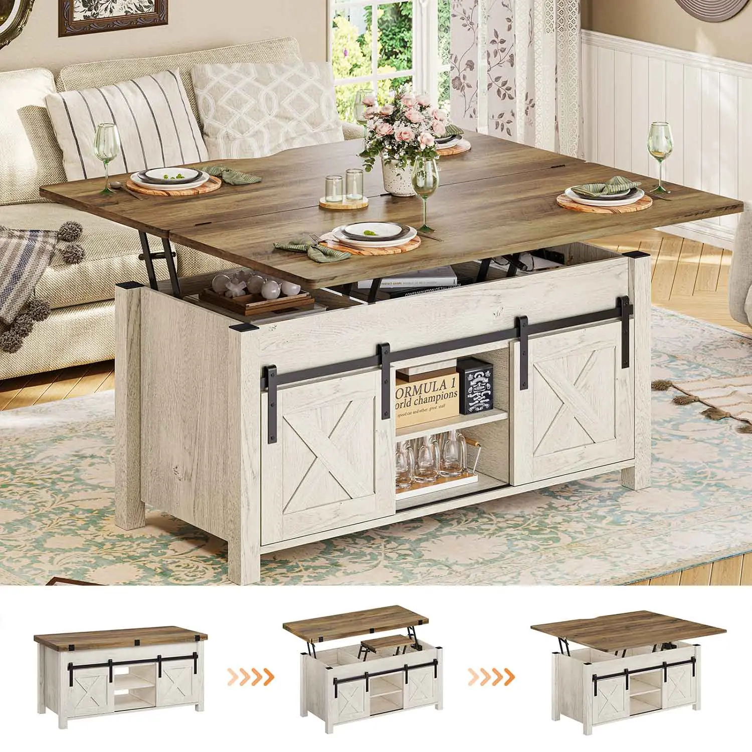 Sedeta 4-in-1 Smart Coffee Table with Lift Top, Dining Table & Hidden Storage