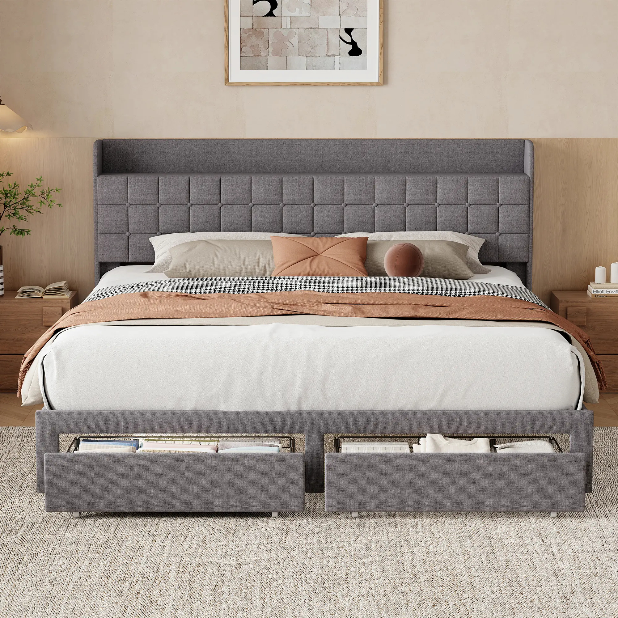 🌟 Royal Comfort Storage Bed Frame  Luxury Upholstered Bed with 2 Large Storage Drawers & Soft Headboard