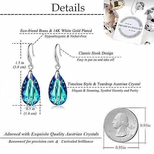 💎Beauty💎Austrian Crystal Teardrop Dangle Hook Earrings for Women 14K Gold Plated Hypoallergenic Jewelry