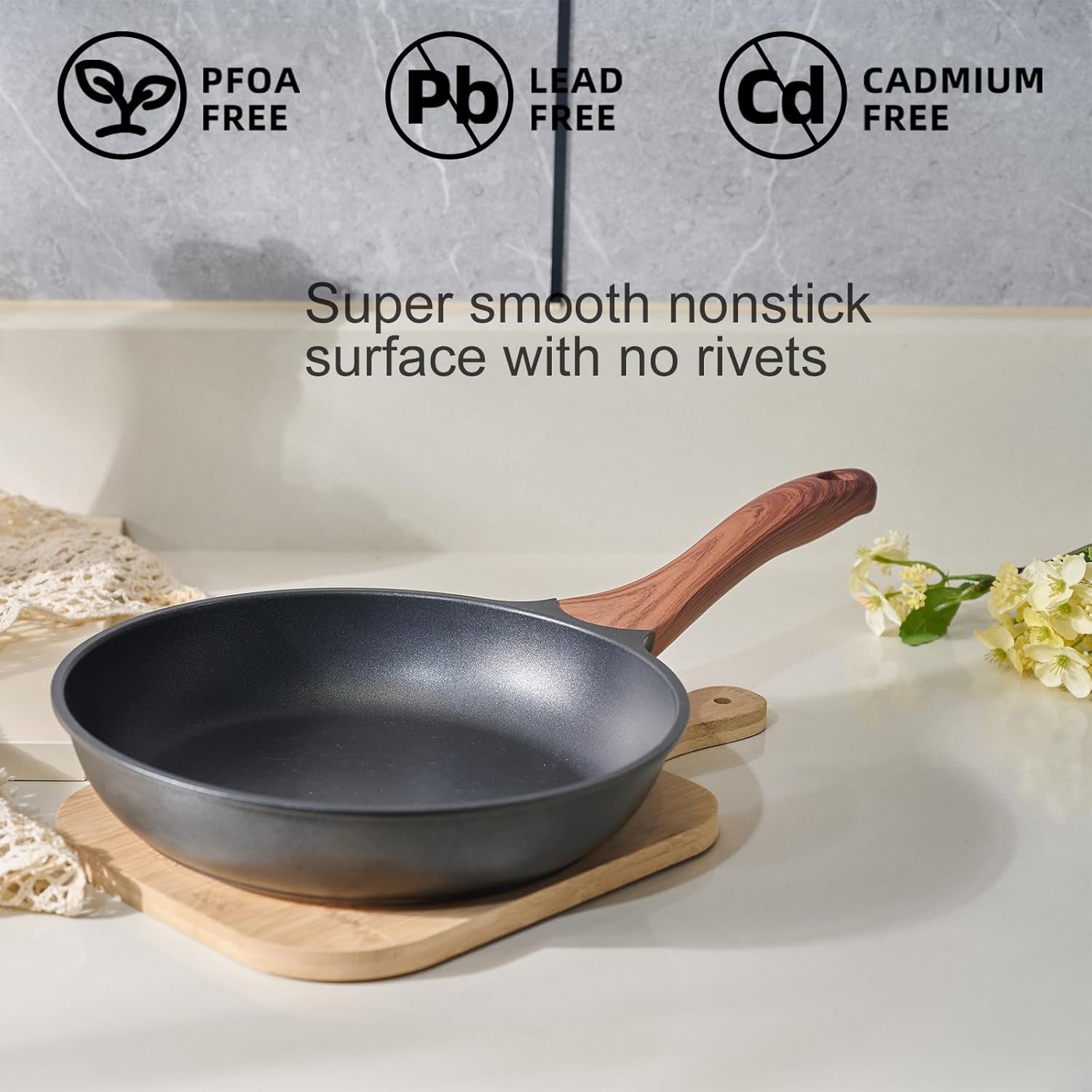 3-Piece Granite Non-Stick Cookware Set - 9.5" Frying Pan, Skillet, 7" Sauce Pot with Lid - PFOA Free