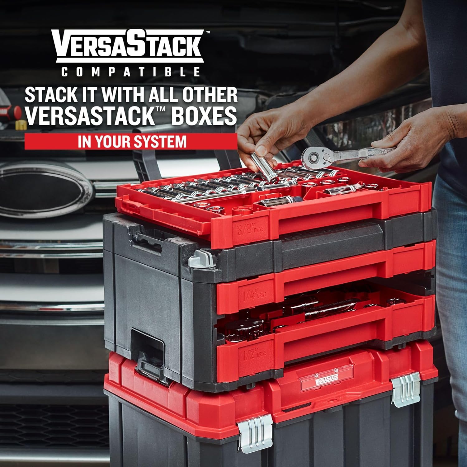 🔧Best-Equipped🔧230 Pcs Mechanics Tool Set, Socket Wrench Set, Car Tool Kit with VERSASTACK Toolbox, SAE and Metric,1/4 in, 3/8 in, and 1/2 Drive, Short and Long Arm Hex Keys