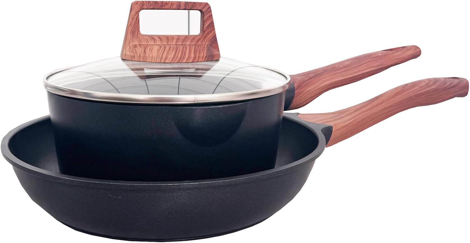 3-Piece Granite Non-Stick Cookware Set - 9.5" Frying Pan, Skillet, 7" Sauce Pot with Lid - PFOA Free