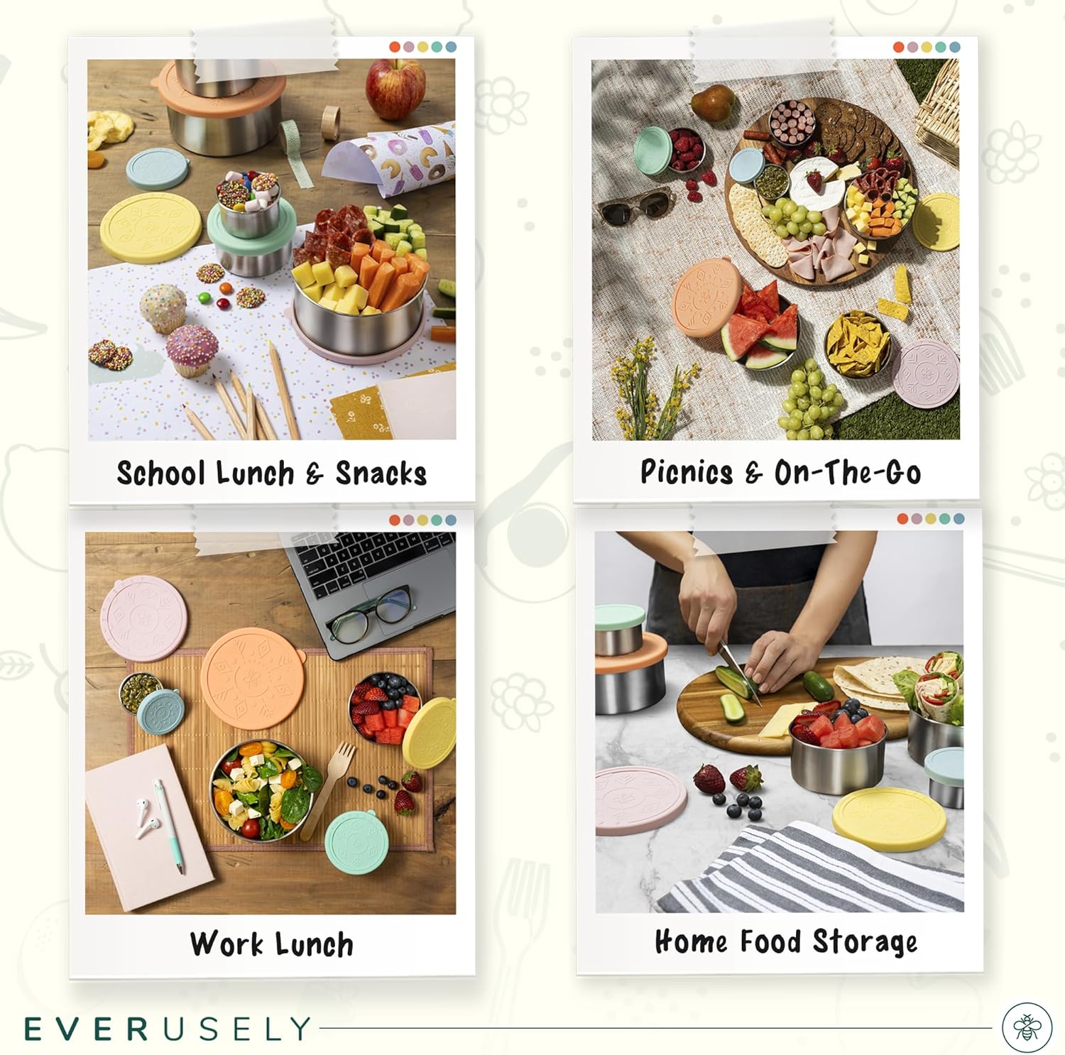 Stainless Steel Containers with Lids - Set of 5, Bright Collection - Leakproof Stainless Steel Food Containers - Nesting Snack Holders - Metal Lunch Box - Portable & Reusable Meal Kit
