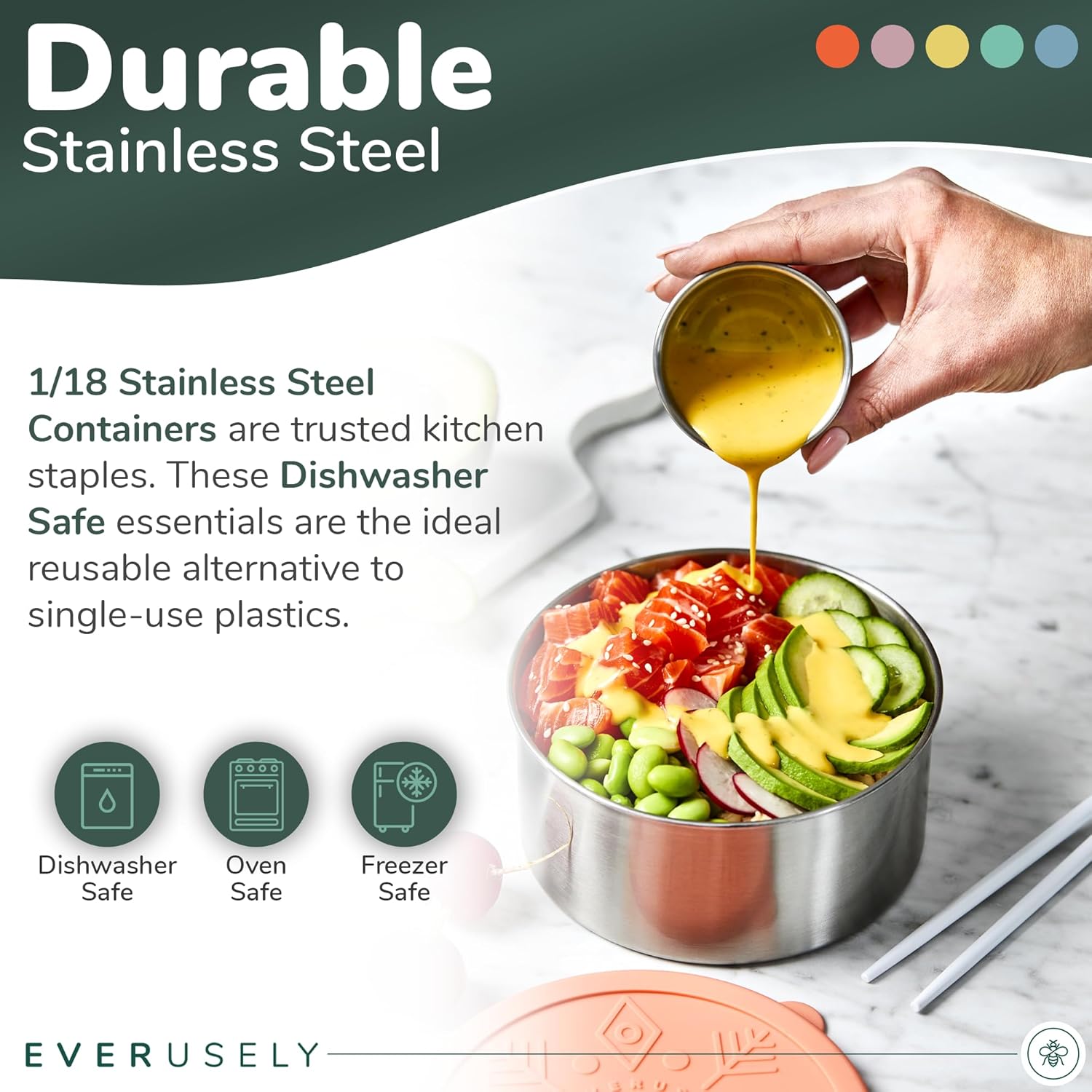 Stainless Steel Containers with Lids - Set of 5, Bright Collection - Leakproof Stainless Steel Food Containers - Nesting Snack Holders - Metal Lunch Box - Portable & Reusable Meal Kit