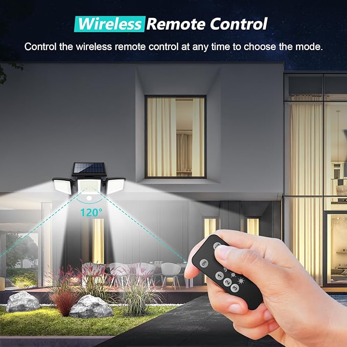 💴Saving Money💴 Solar Outdoor Lights 2500LM 210 LED Security Lights with Remote Control,3 Heads Motion Sensor Lights, IP65 Waterproof,270° Wide Angle Flood Wall Lights with 3 Modes