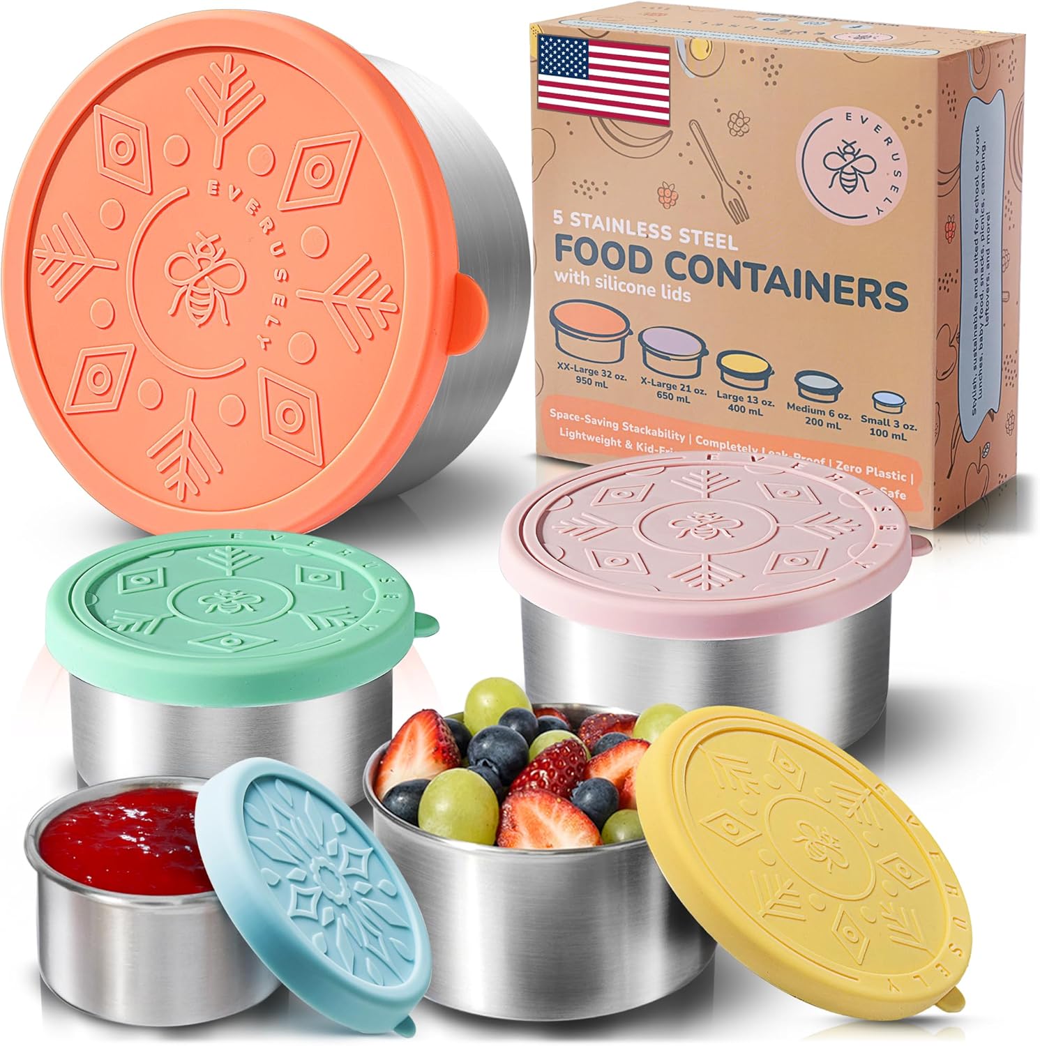 Stainless Steel Containers with Lids - Set of 5, Bright Collection - Leakproof Stainless Steel Food Containers - Nesting Snack Holders - Metal Lunch Box - Portable & Reusable Meal Kit
