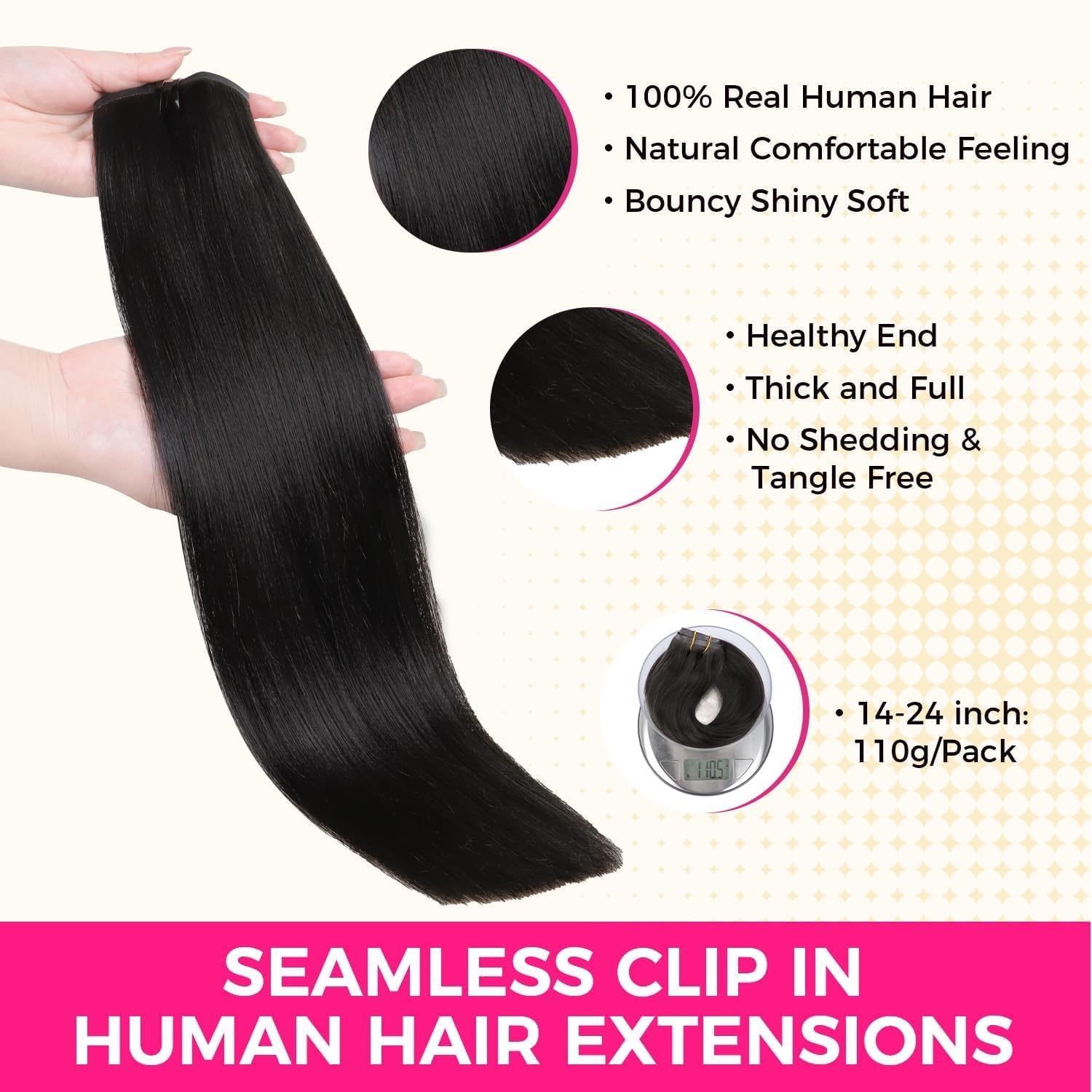 Lashey Yaki Straight Clip Ins 14 Inch 110g 7Pcs Seamless Hair Extensions Real Human hair, Natural Black Clip in Hair Extension for Women Real hair