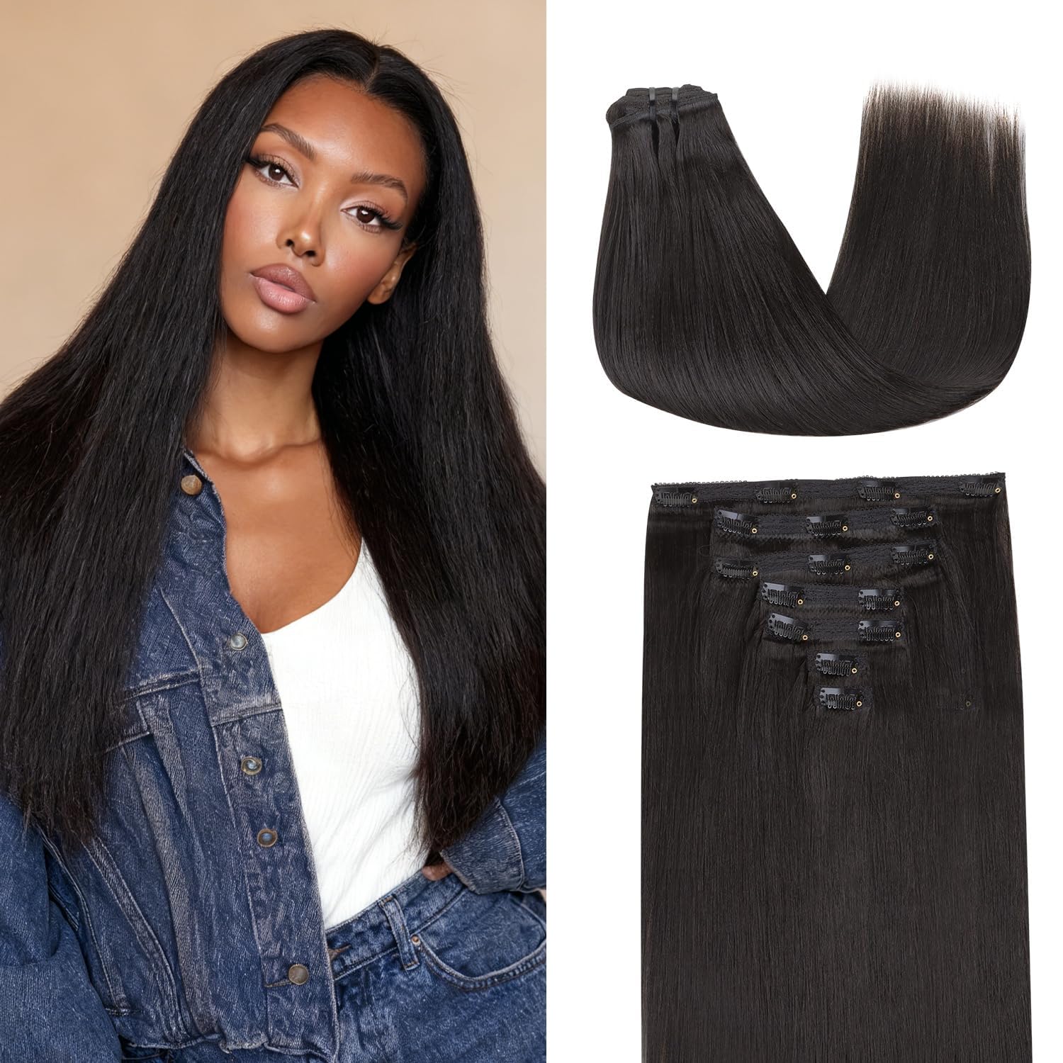Lashey Yaki Straight Clip Ins 14 Inch 110g 7Pcs Seamless Hair Extensions Real Human hair, Natural Black Clip in Hair Extension for Women Real hair