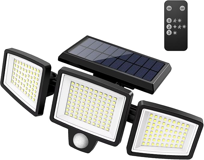 💴Saving Money💴 Solar Outdoor Lights 2500LM 210 LED Security Lights with Remote Control,3 Heads Motion Sensor Lights, IP65 Waterproof,270° Wide Angle Flood Wall Lights with 3 Modes