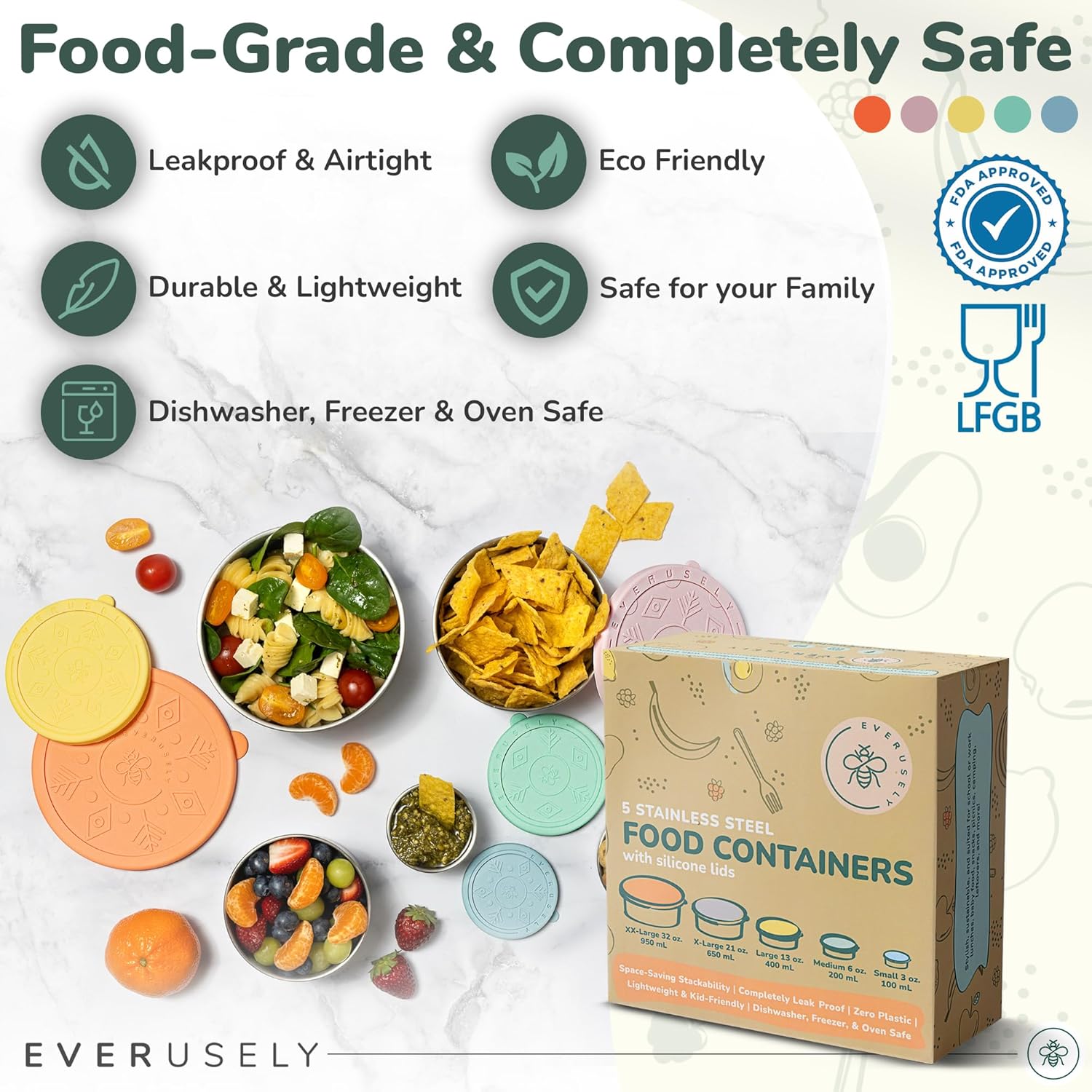 Stainless Steel Containers with Lids - Set of 5, Bright Collection - Leakproof Stainless Steel Food Containers - Nesting Snack Holders - Metal Lunch Box - Portable & Reusable Meal Kit