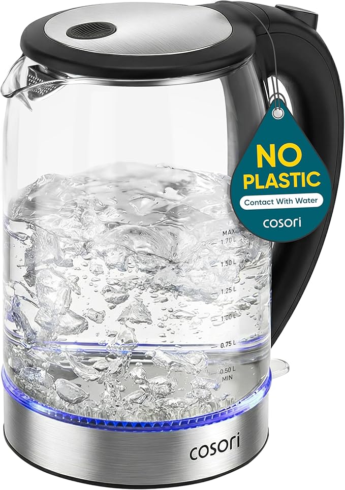 Electric Kettle, No Plastic Contact With Water, Wide Mouth For Easy Cleaning, Auto Shut Off, 1.7L Tea Kettle & Hot Water Boiler, Water Heater & Teapot, Borosilicate Glass, White, 1500W