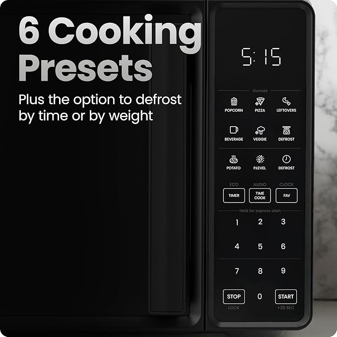 🛒Essentials For Family🛒Microwave Oven 0.7 Cu. Ft., 700 Watts with 10 Power Levels, 6 Cooking Presets with One-Touch Express Cook - Eco Mode, Child Safety Lock, & Mute Button - Black