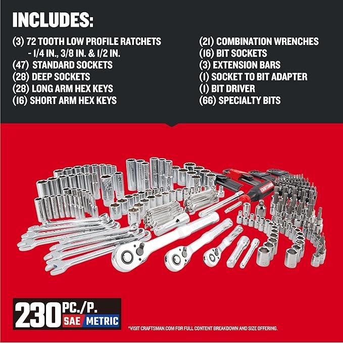 🔧Best-Equipped🔧230 Pcs Mechanics Tool Set, Socket Wrench Set, Car Tool Kit with VERSASTACK Toolbox, SAE and Metric,1/4 in, 3/8 in, and 1/2 Drive, Short and Long Arm Hex Keys