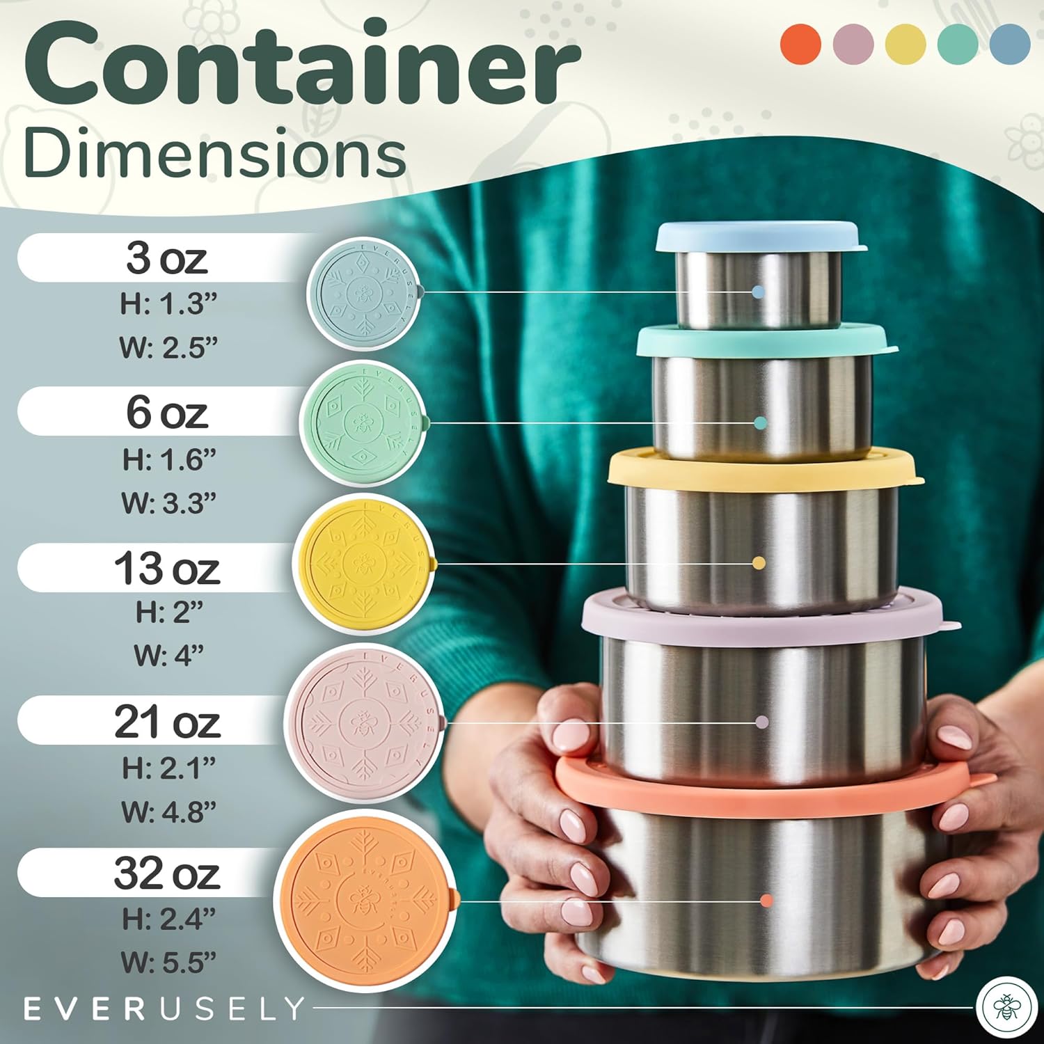 Stainless Steel Containers with Lids - Set of 5, Bright Collection - Leakproof Stainless Steel Food Containers - Nesting Snack Holders - Metal Lunch Box - Portable & Reusable Meal Kit