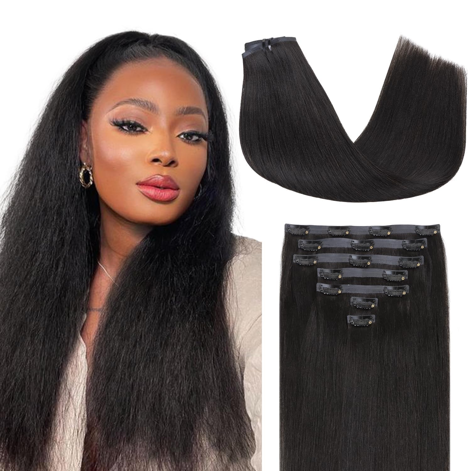 Lashey Yaki Straight Clip Ins 14 Inch 110g 7Pcs Seamless Hair Extensions Real Human hair, Natural Black Clip in Hair Extension for Women Real hair