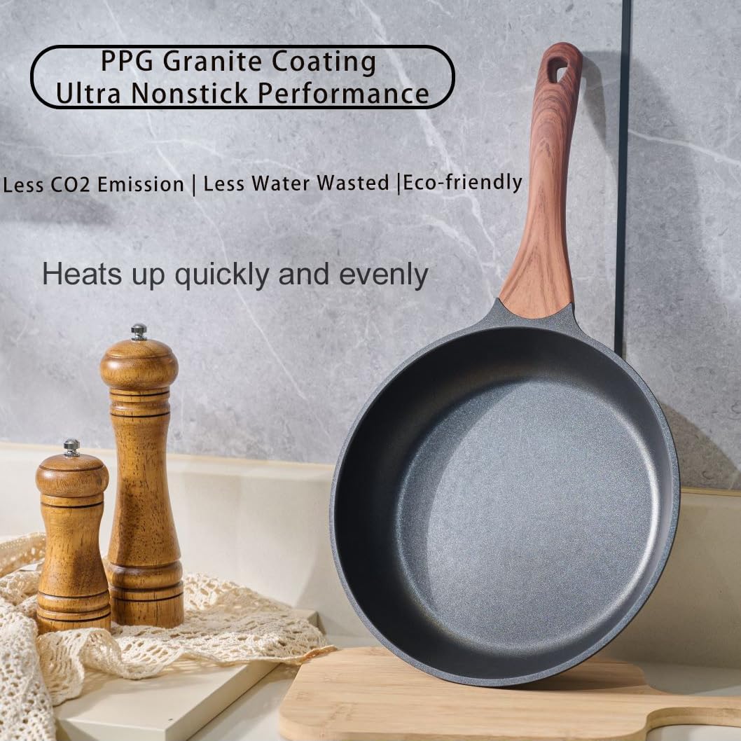 3-Piece Granite Non-Stick Cookware Set - 9.5" Frying Pan, Skillet, 7" Sauce Pot with Lid - PFOA Free