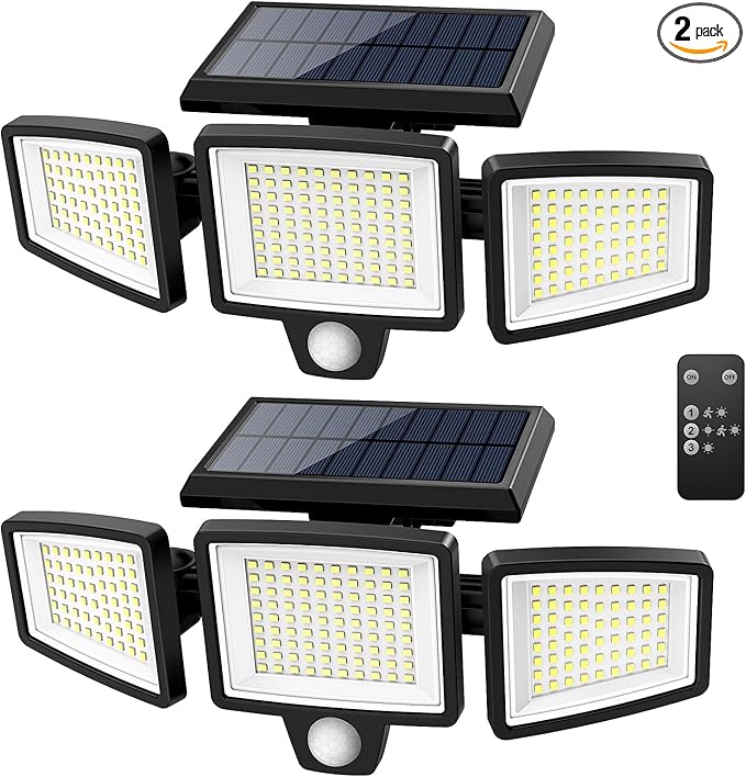 💴Saving Money💴 Solar Outdoor Lights 2500LM 210 LED Security Lights with Remote Control,3 Heads Motion Sensor Lights, IP65 Waterproof,270° Wide Angle Flood Wall Lights with 3 Modes