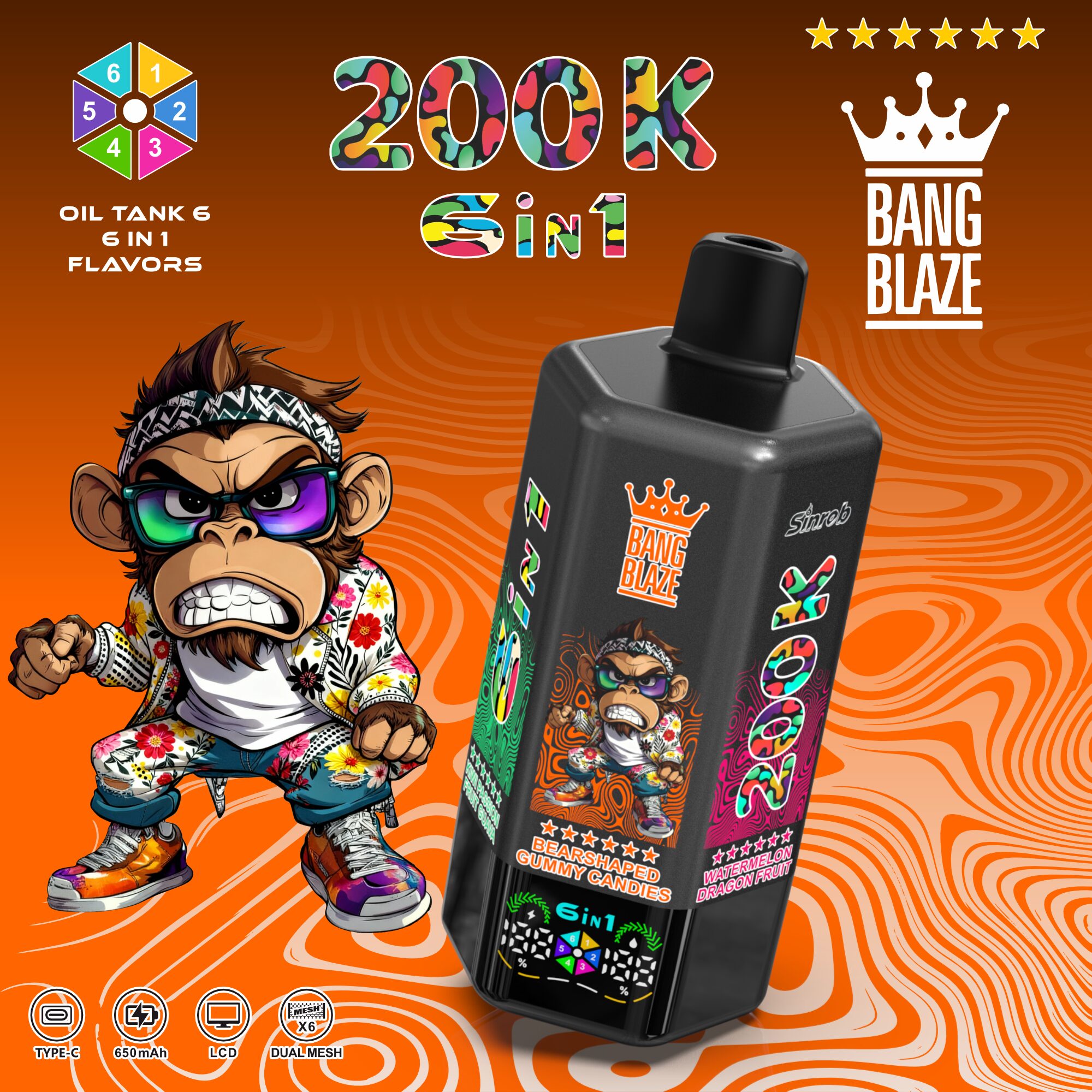 Bang Blaze 200000 200K Puffs 6 in 1 Flavors &  6 oil tanks Rechargeable LCD Display Disposable Vape