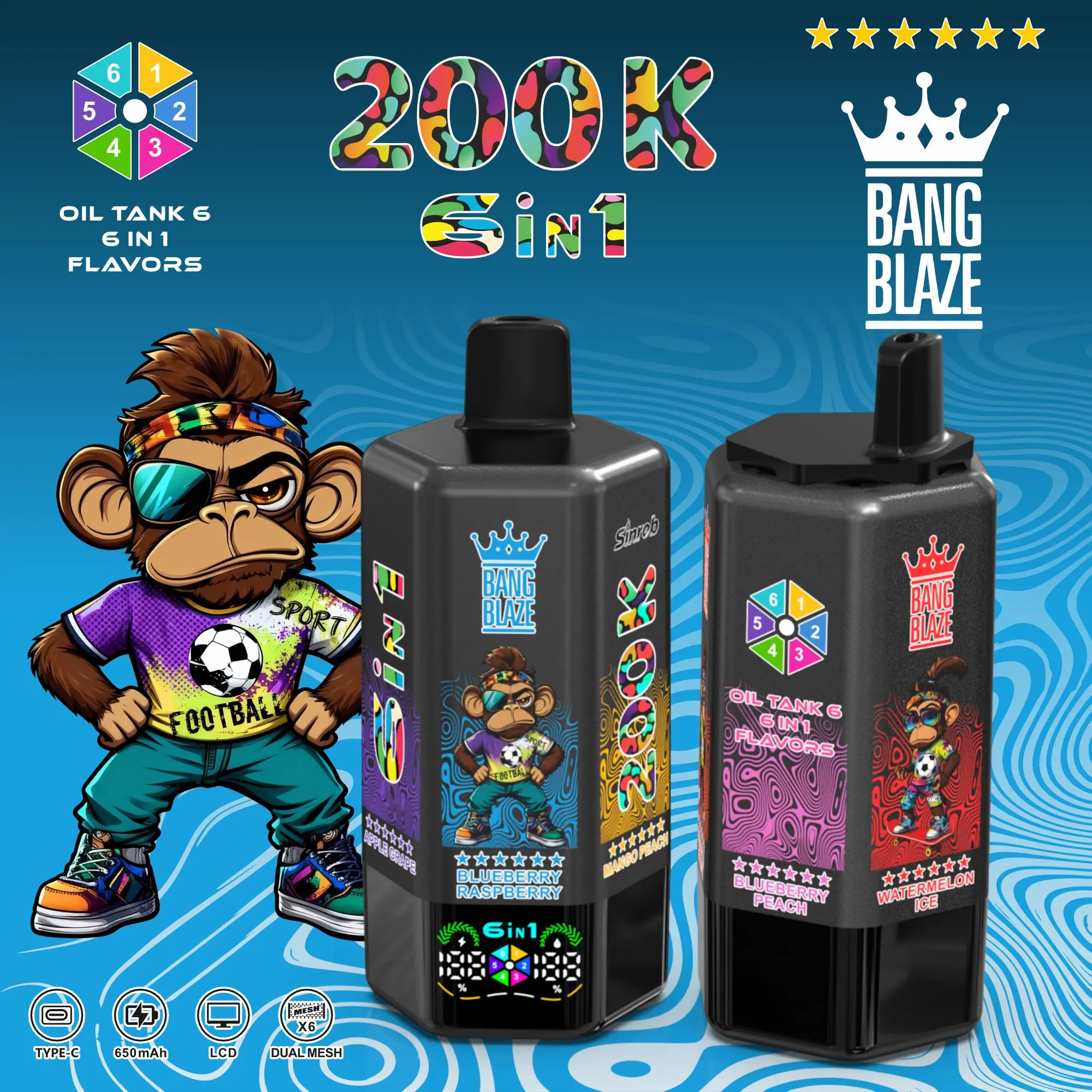 Bang Blaze 200000 200K Puffs 6 in 1 Flavors &  6 oil tanks Rechargeable LCD Display Disposable Vape