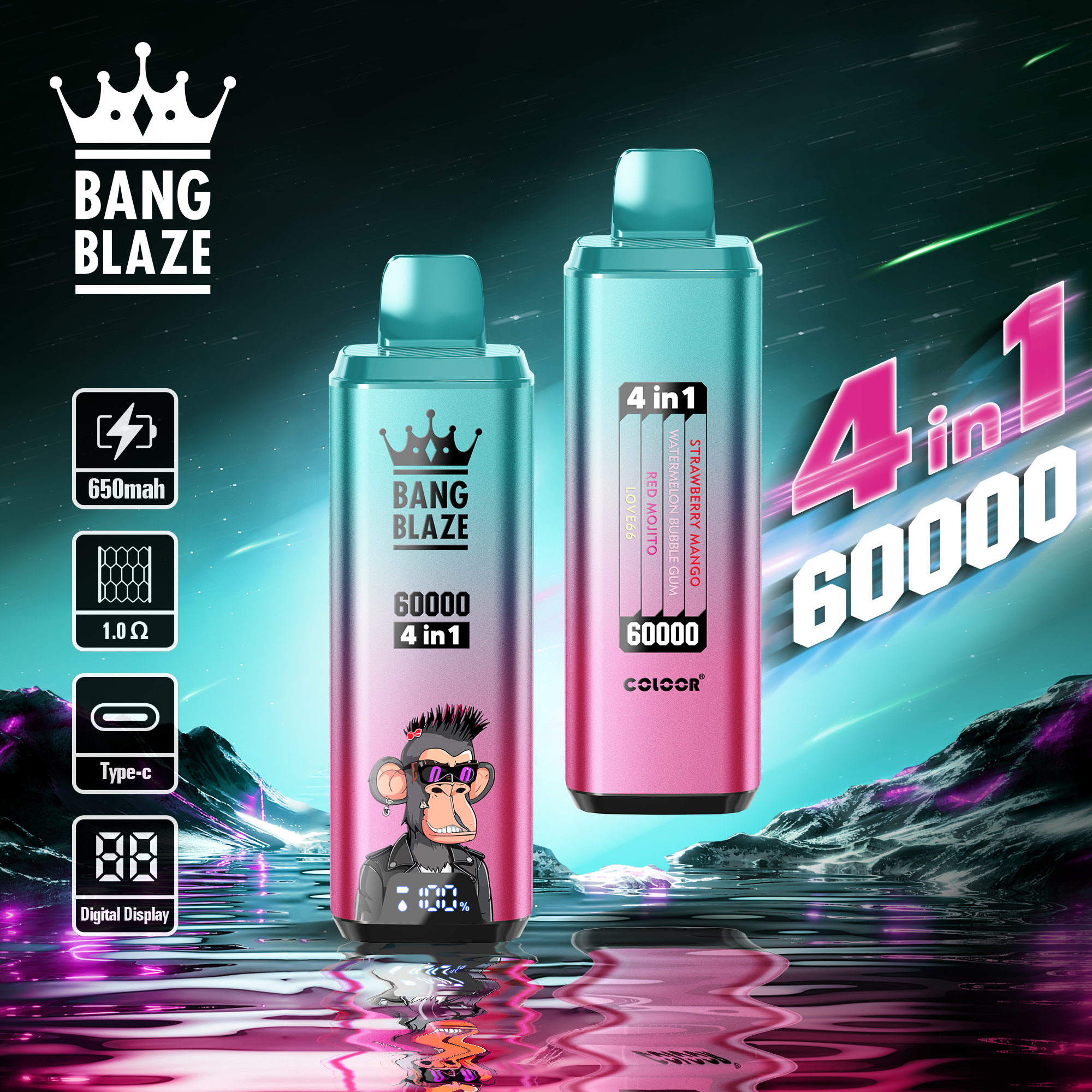 Bang Blaze 60000 60k Puffs 4 in 1 Flavors Newest Original Rechargeable LCD Display Disposable Vape