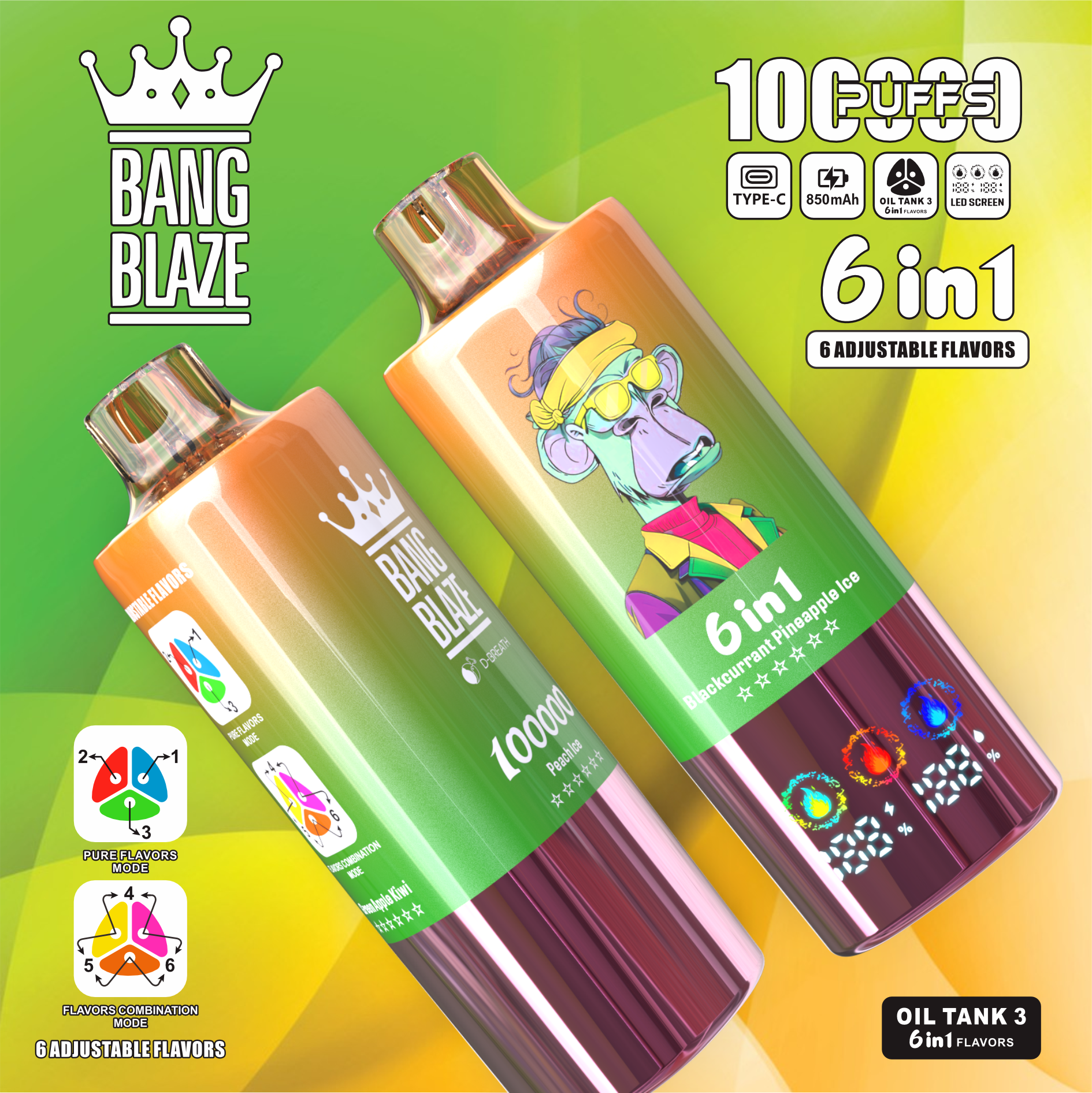 Bang Blaze 100000 100K Puffs 6 in 1 Flavors Newest Original Rechargeable LED Display Disposable Vape